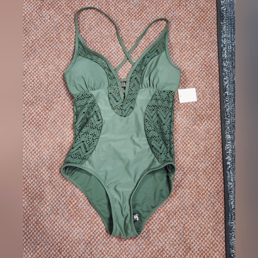 TiniBikini Olive Crochet Plunge One-Piece Swimsuit XS